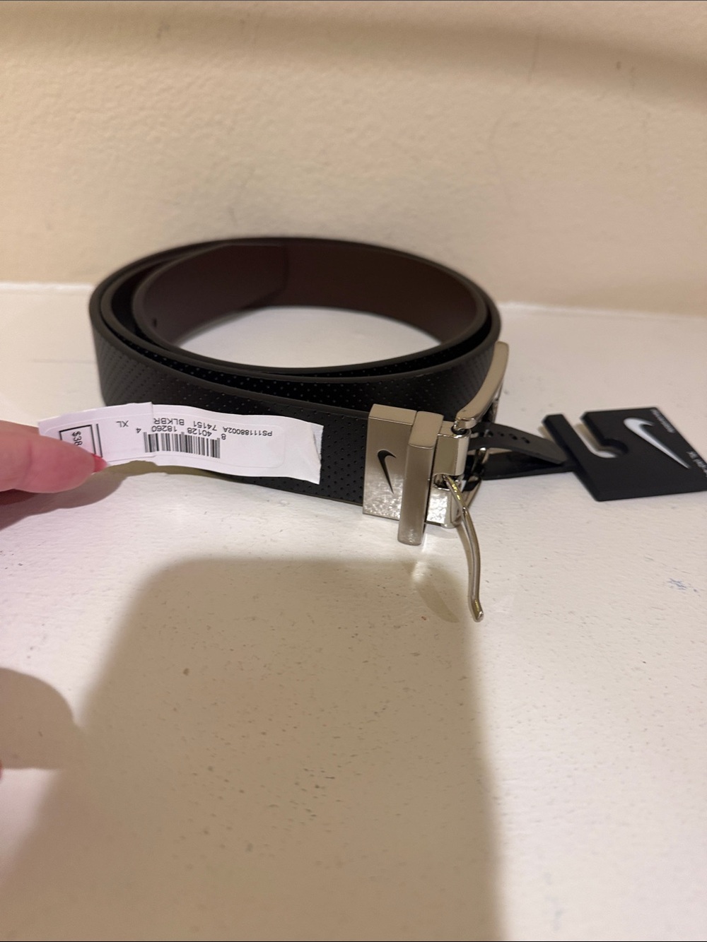 Nike Men's Black Perforated Leather Belt with Silver Buckle